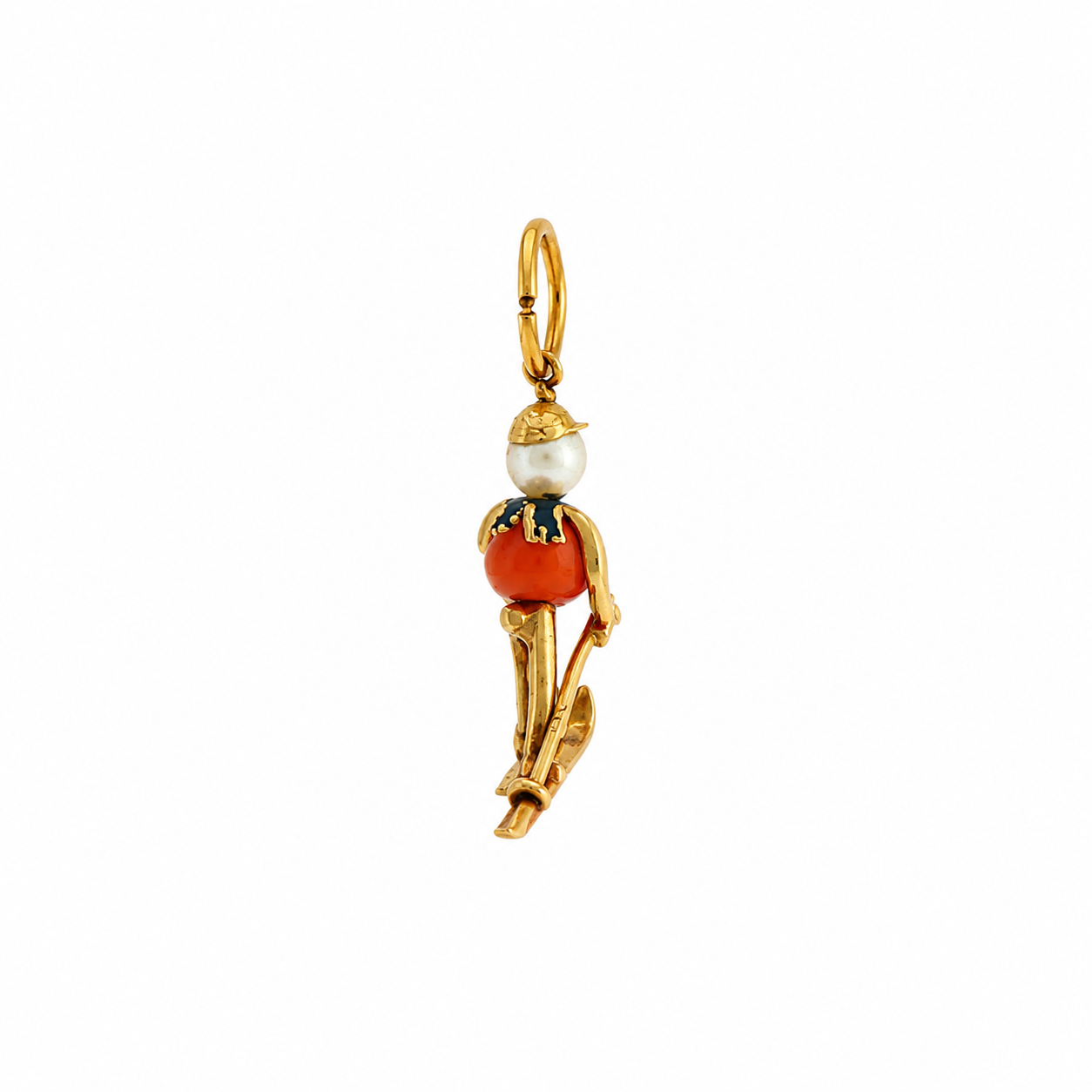 18k Yellow Gold Coral and Pearl Skier Charm