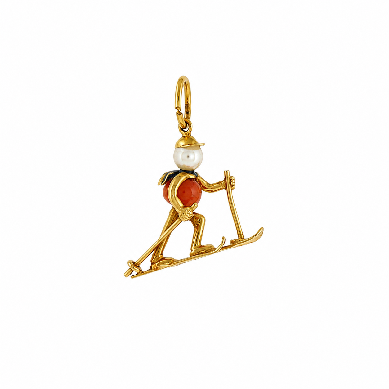 18k Yellow Gold Coral and Pearl Skier Charm