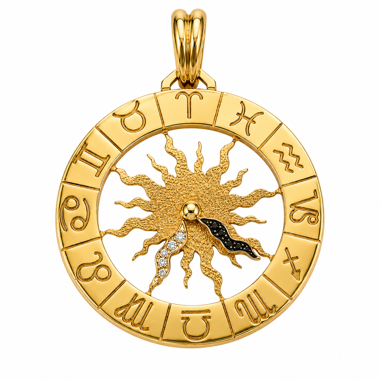 18K Yellow Gold Diamond Vintage Zodiac Sun Celestial Astrology Medallion Pendant