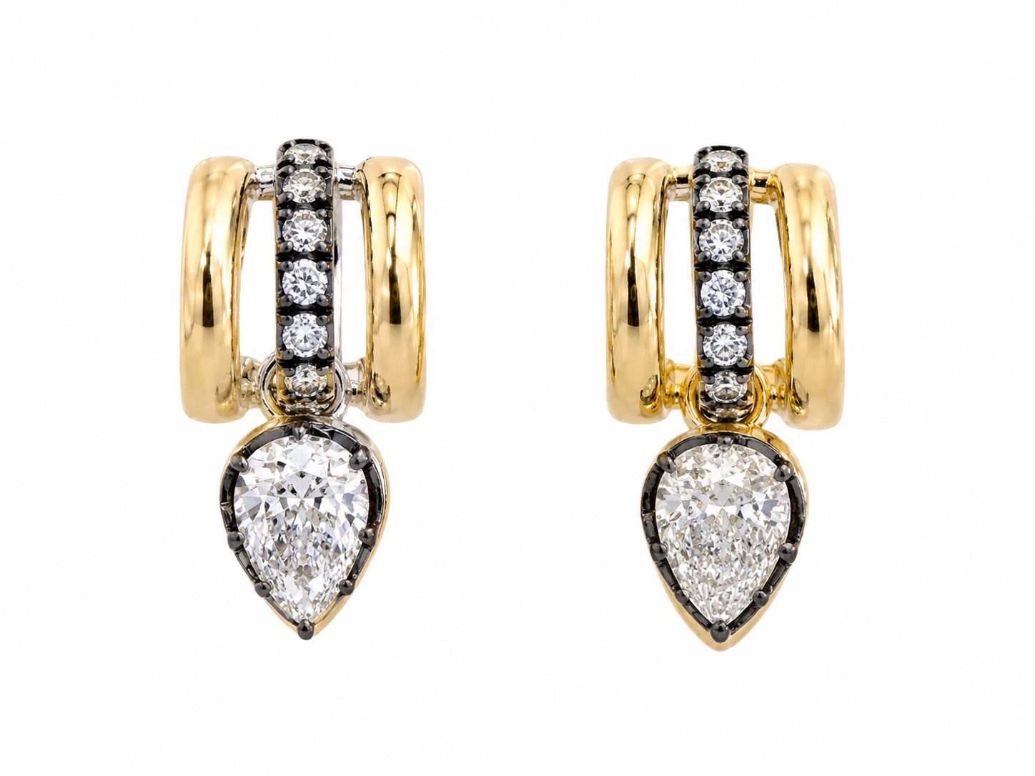 14k Yellow Gold Single Pear Lab Diamond Black Rhodium Earrings