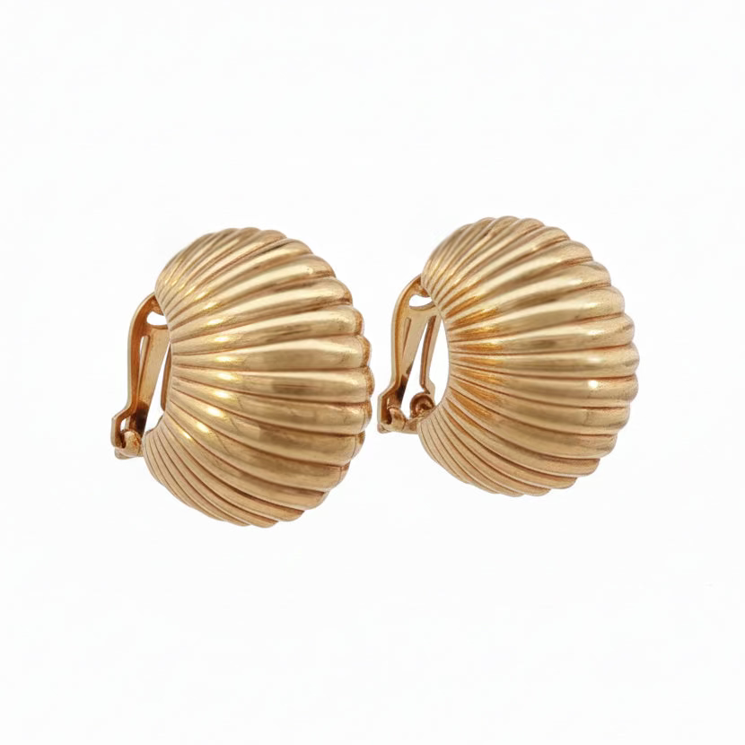 14k Yellow Gold 1960s Ribbed Dome Clip On Earrings