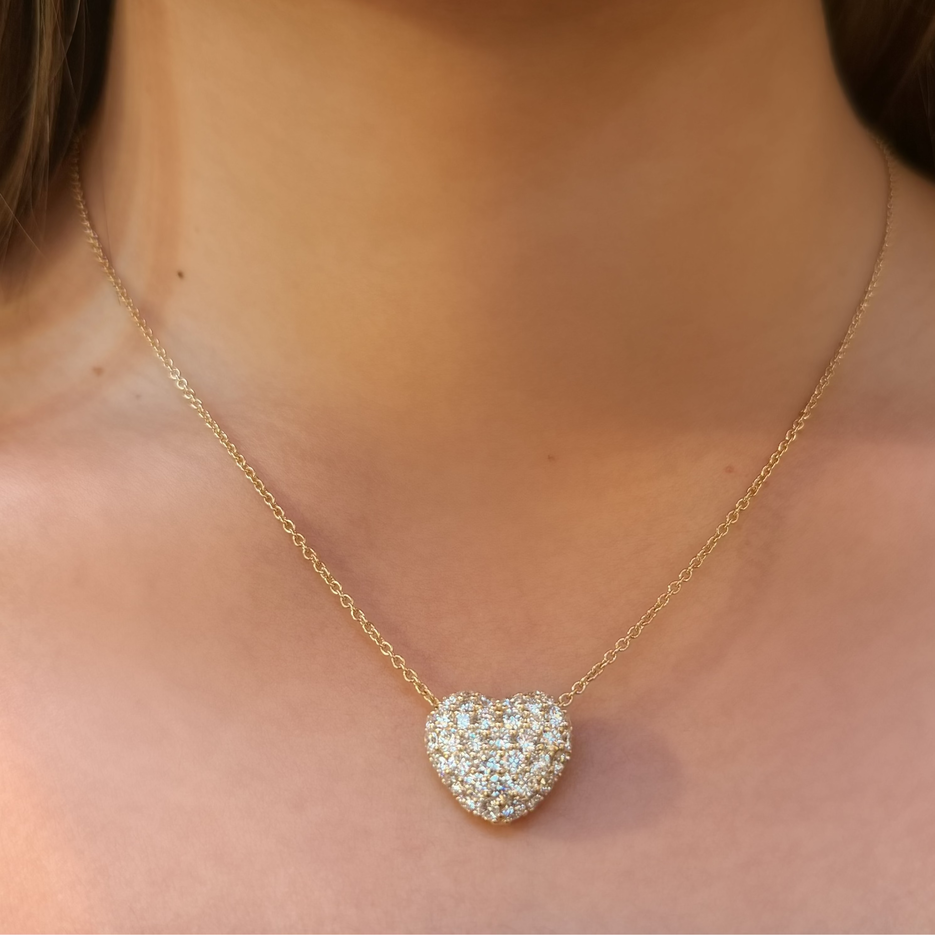 14k Yellow Gold Lab Diamond Puffy Heart Necklace