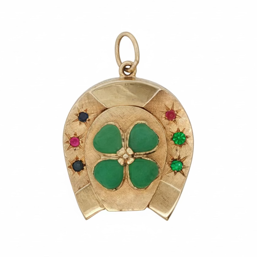 14k Yellow Gold Ruby Sapphire Jade Horseshoe Clover Charm