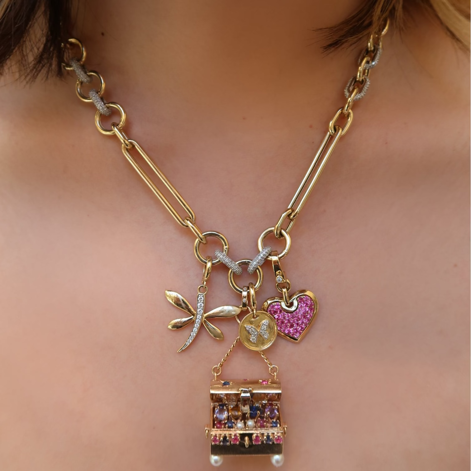 14k Yellow Gold Multi Gemstone Pearl Treasure Charm