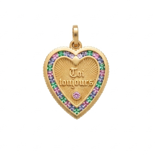 18k Gold Emeralds Pink and Blue Sapphires Vintage French Toi Toujours Heart Charm