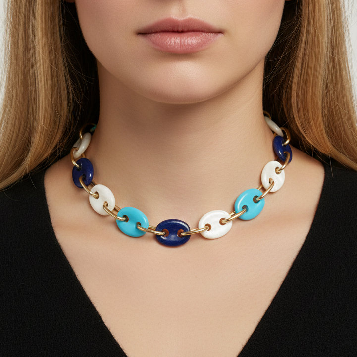 14k Yellow Gold Lapis Mother of Pearl and Turquoise Mariner Link Choker Necklace