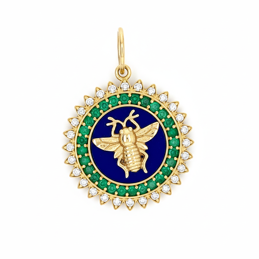 14k Yellow Gold Silver Diamond Blue Sapphire Emerald Bee Charm
