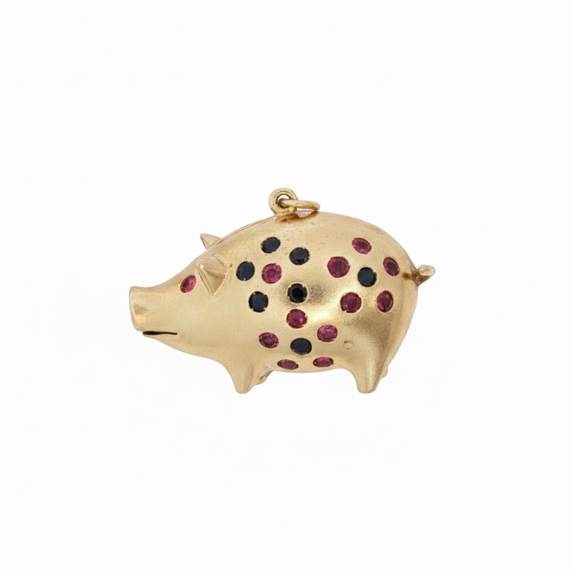 14k Yellow Gold Vintage Ruby Sapphire Pig Charm