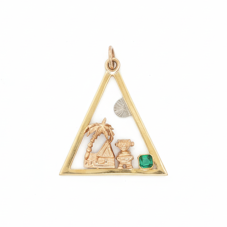 14k Yellow Gold Emerald Palm Tree Travel Motif Triangle Charm
