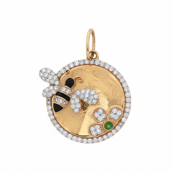 14k Yellow Gold Diamond Bee Flower Charm