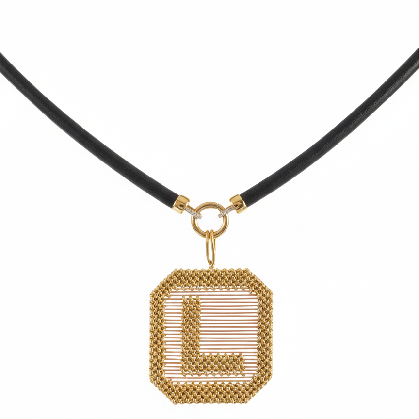 14k Yellow Gold Diamond Push In Circle Leather Cord