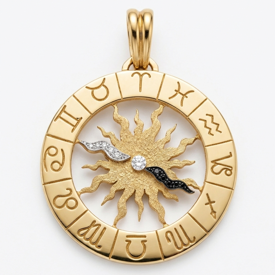 18K Yellow Gold Diamond Vintage Zodiac Sun Celestial Astrology Medallion Pendant