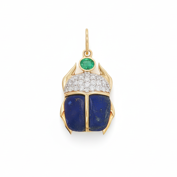 14k Yellow Gold Blue Lapis Diamond Emerald Scarab Charm