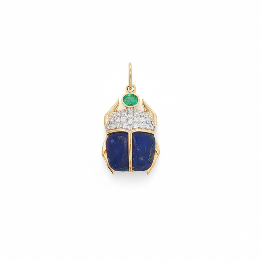 14k Yellow Gold Blue Lapis Diamond Emerald Scarab Charm