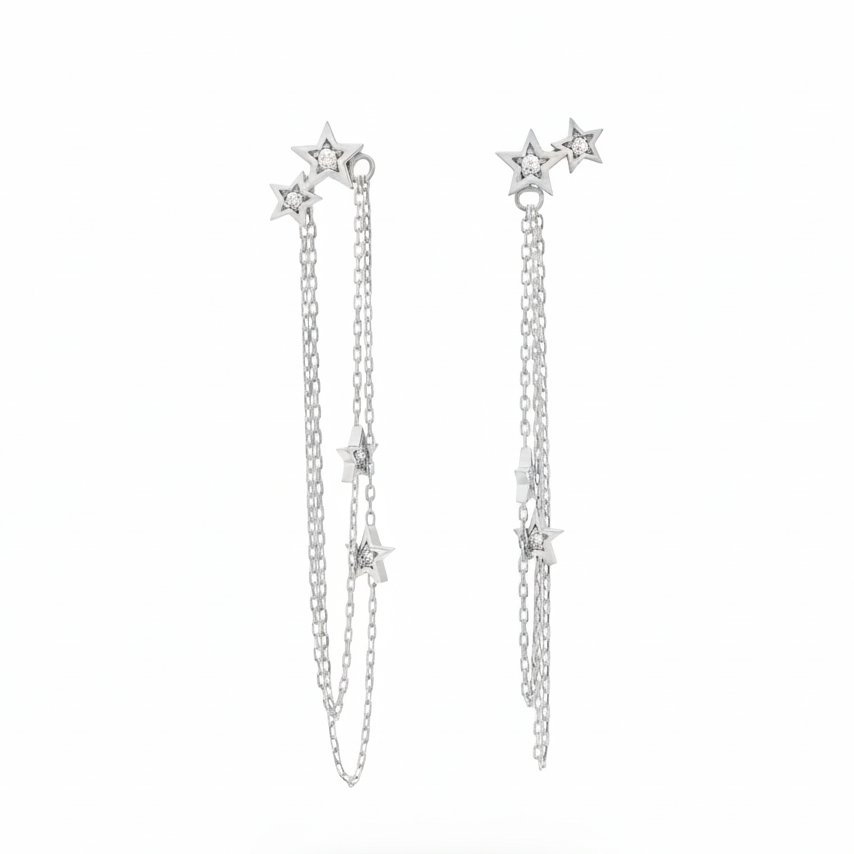 14k Gold Diamond Star Chain Drop Earrings