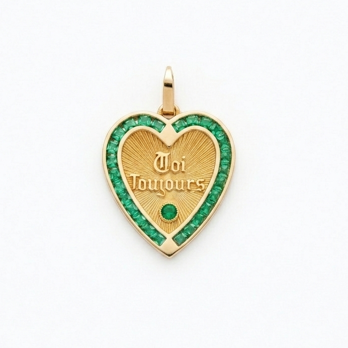 18K Yellow Gold Emerald Vintage French Heart “Toi Toujours" Charm