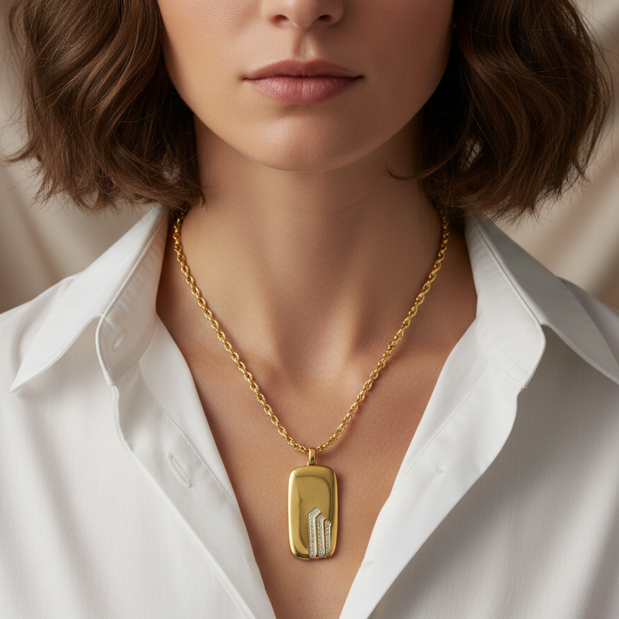 18K Yellow Gold Vintage Diamond 1970s Rectangular Statement Pendant