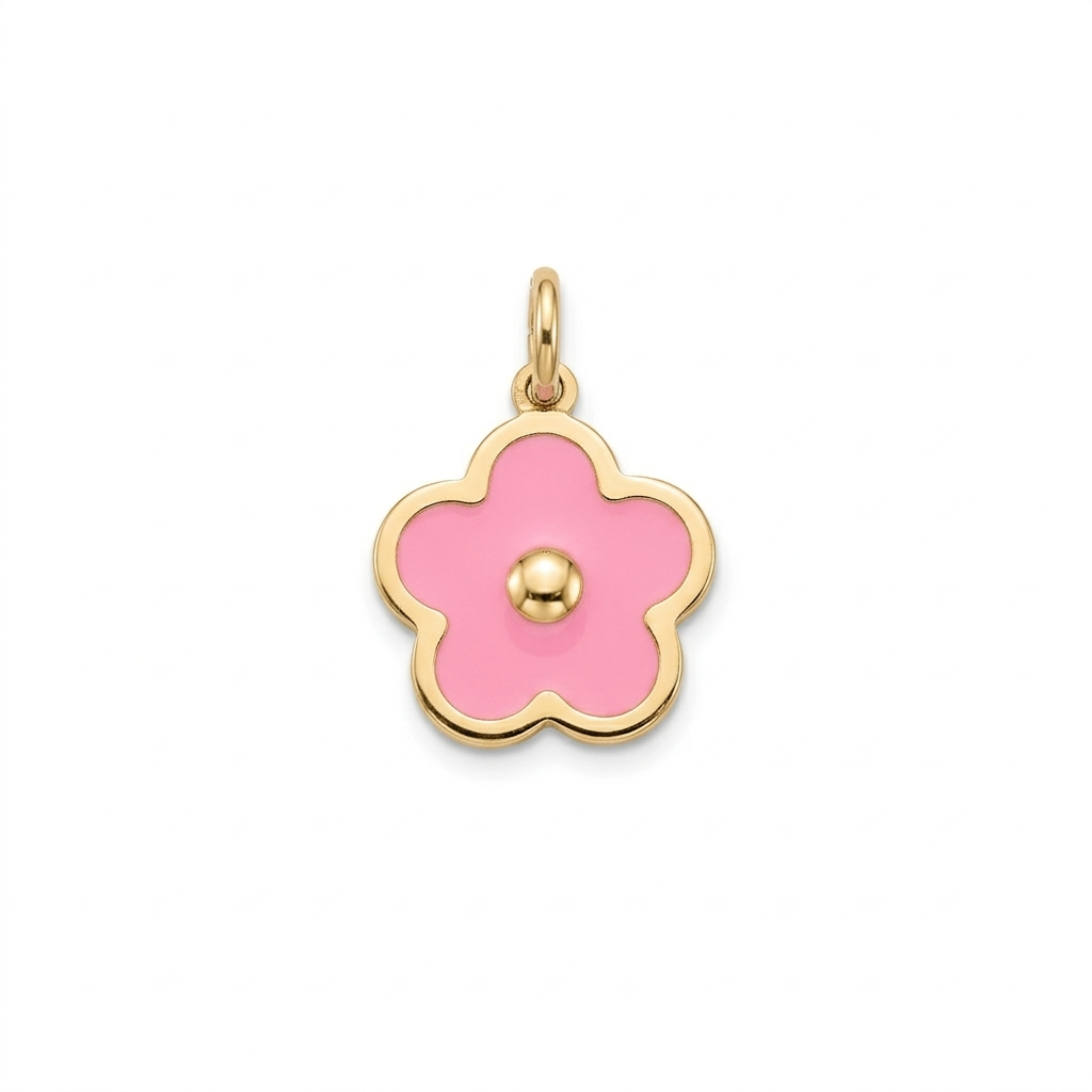 14k Gold Pink Enamel Daisy Flower Charm