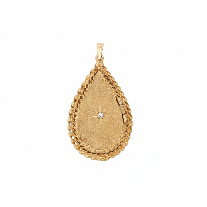 14 Karat Yellow Gold Vintage Teardrop Diamond Starburst Locket Charm
