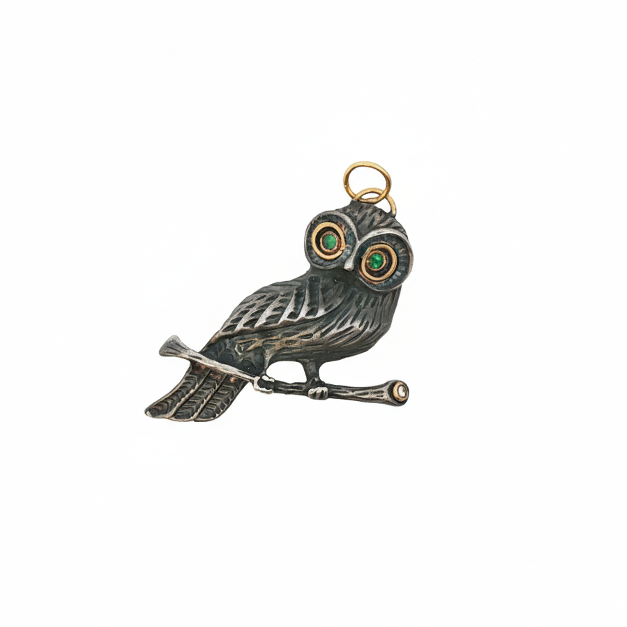 24k Yellow Gold Diamond Emerald Silver Owl Charm Pendant