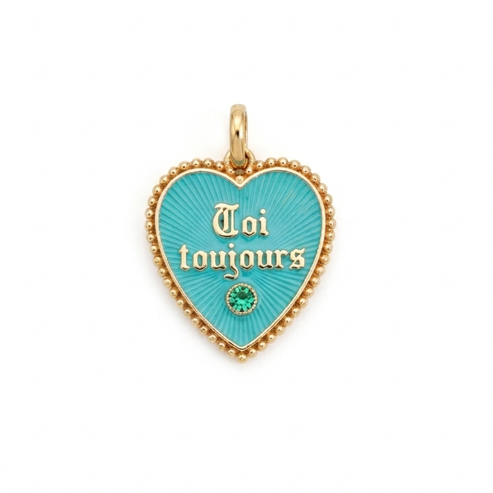 18k Yellow Gold 1970s Turquoise Enamel Emerald Vintage Toi Toujours French Heart Charm