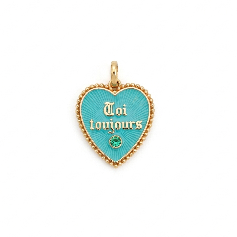 18k Yellow Gold 1970s Turquoise Enamel Pink Sapphire Vintage Toi Toujours French Heart Charm