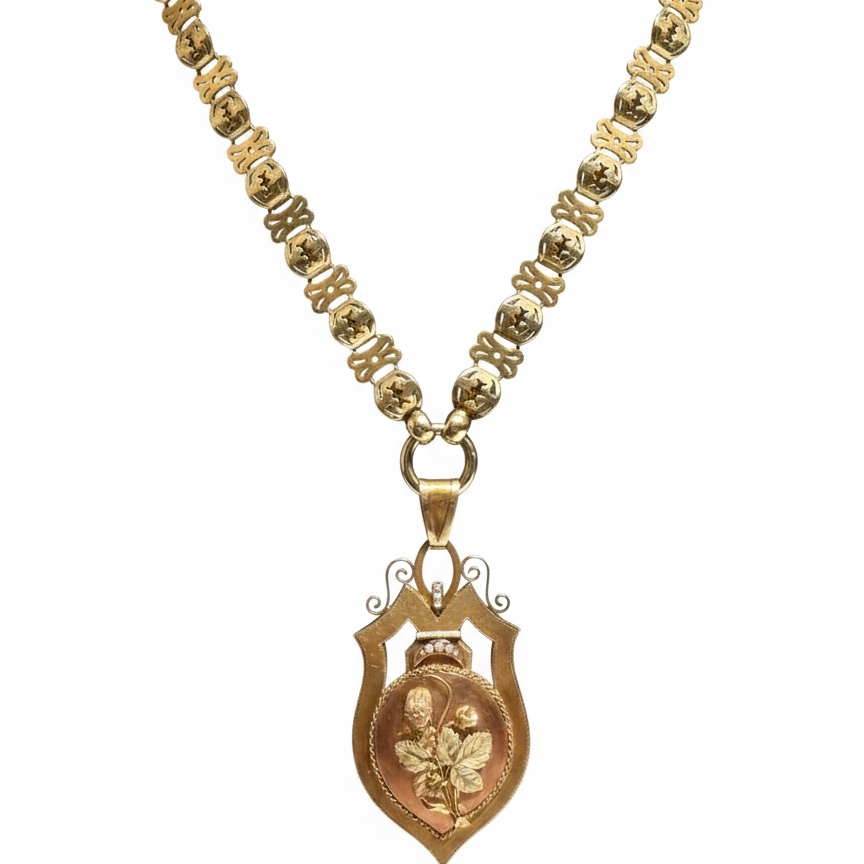 10k Yellow Gold Victorian Revival Floral Shield Necklace