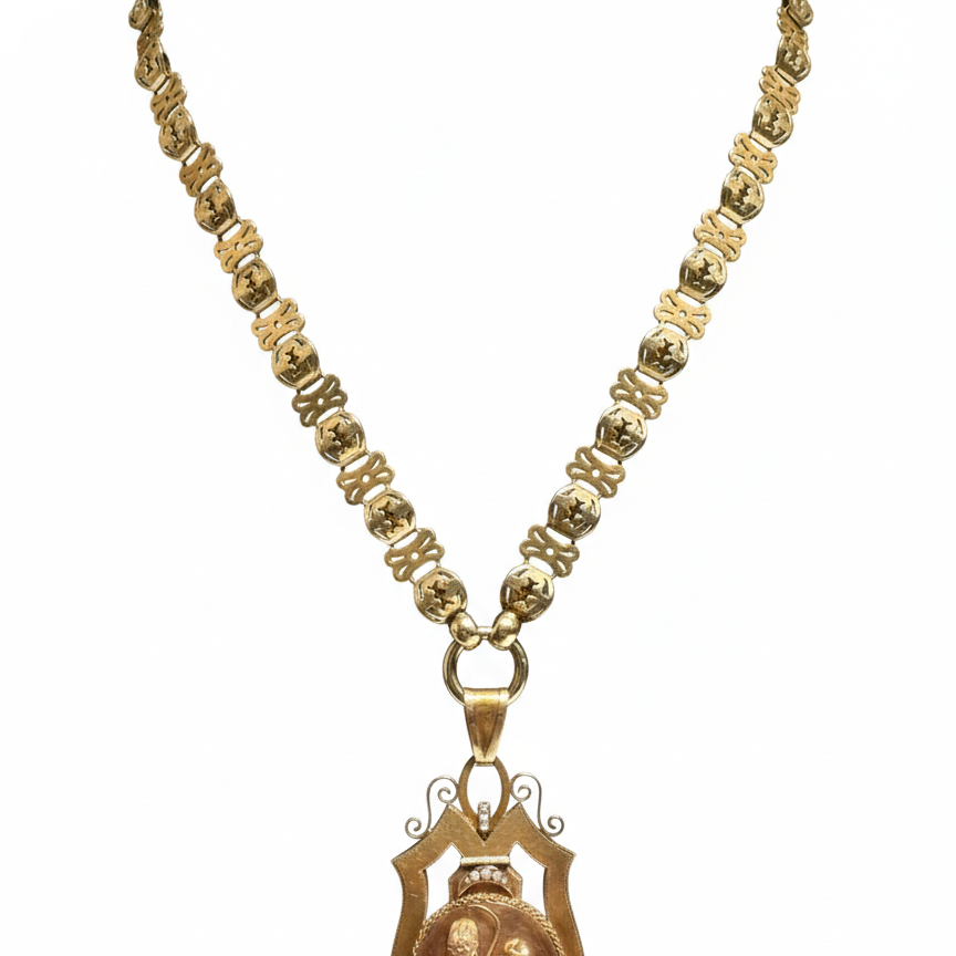 10k Yellow Gold Victorian Revival Floral Shield Necklace