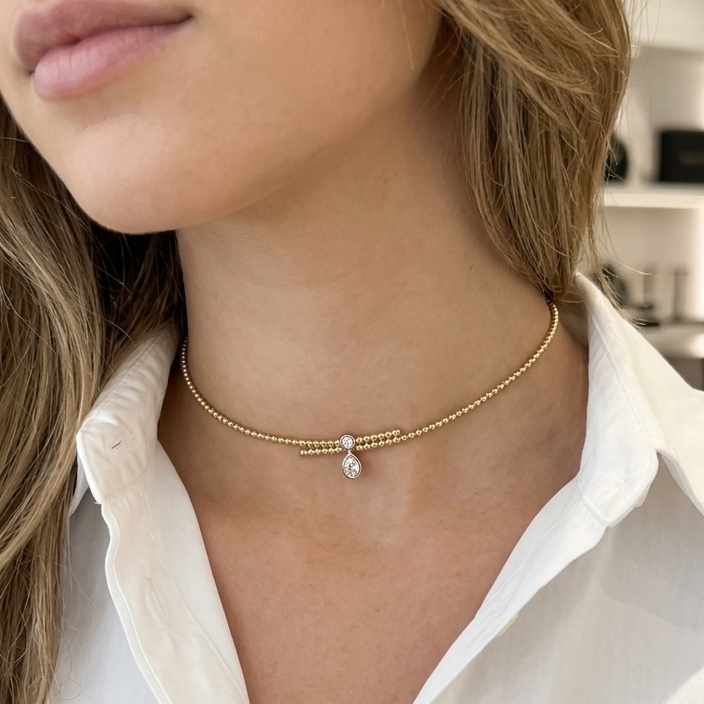 14k Yellow Gold Bezel Set Diamond Drop Ball Chain Choker
