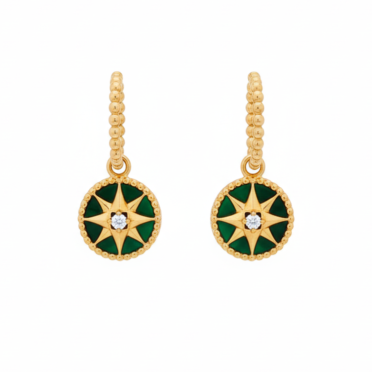 14k Yellow Gold Malachite Diamond Star Earrings