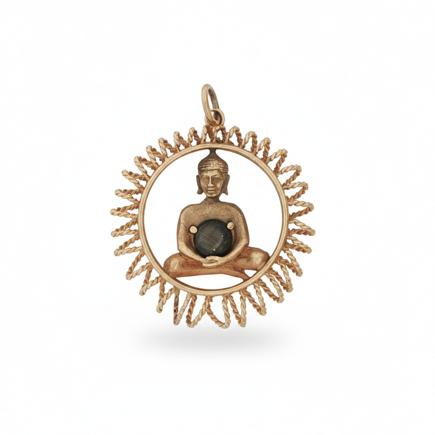 14k Solid Gold Buddha Meditation Charm with Black Onyx Sunburst