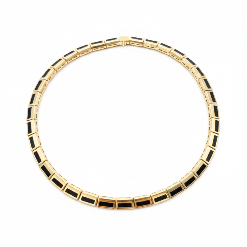18k Yellow Gold Black Onyx 1990's Link Choker Necklace