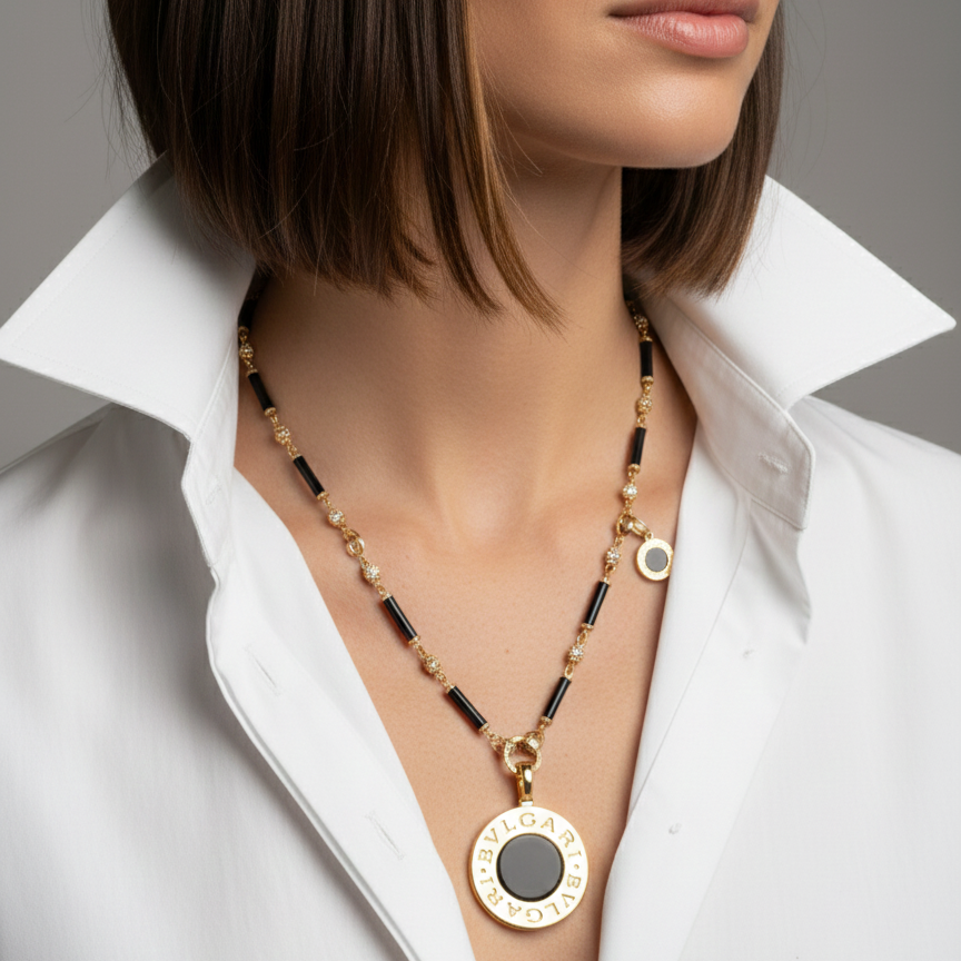 Woman wearing a Bulgarin 18k gold and black necklace with a white shirt.