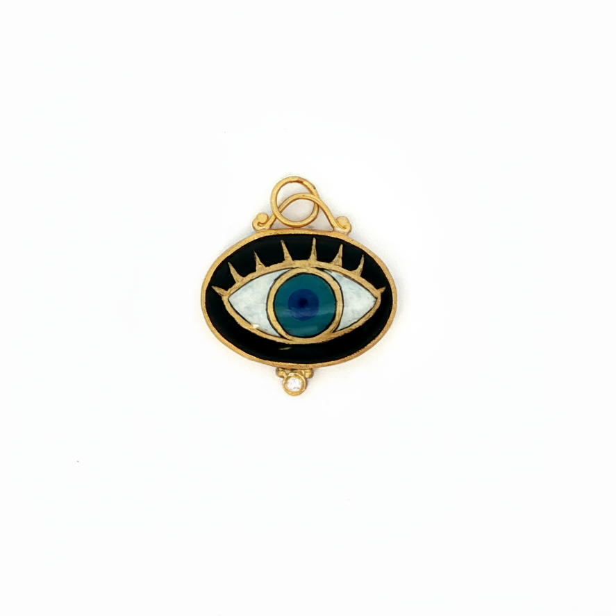 24k Gold Sterling Silver Black Onyx Diamond Evil Eye Charm