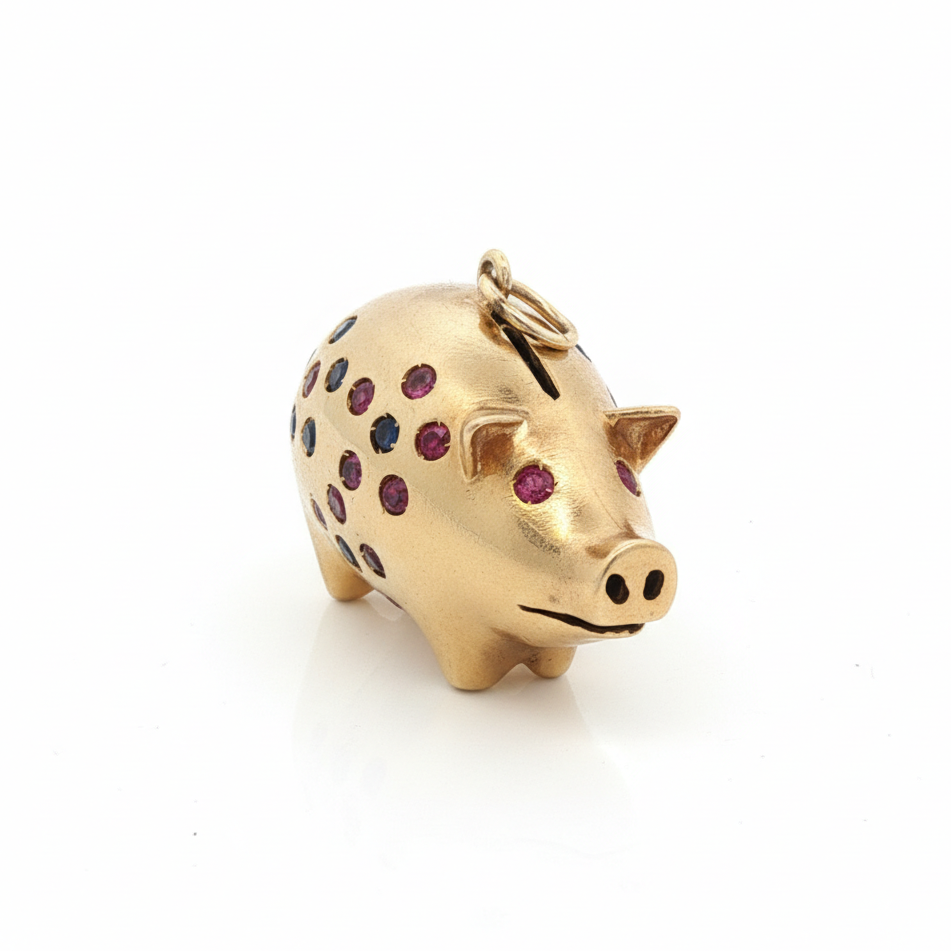 14k Yellow Gold Vintage Ruby Sapphire Pig Charm