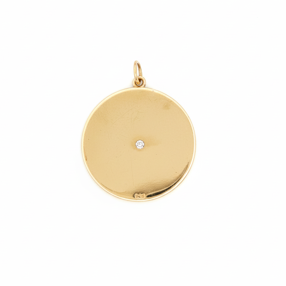14k Yellow Gold Engine Turned Diamond Circular Charm Pendant