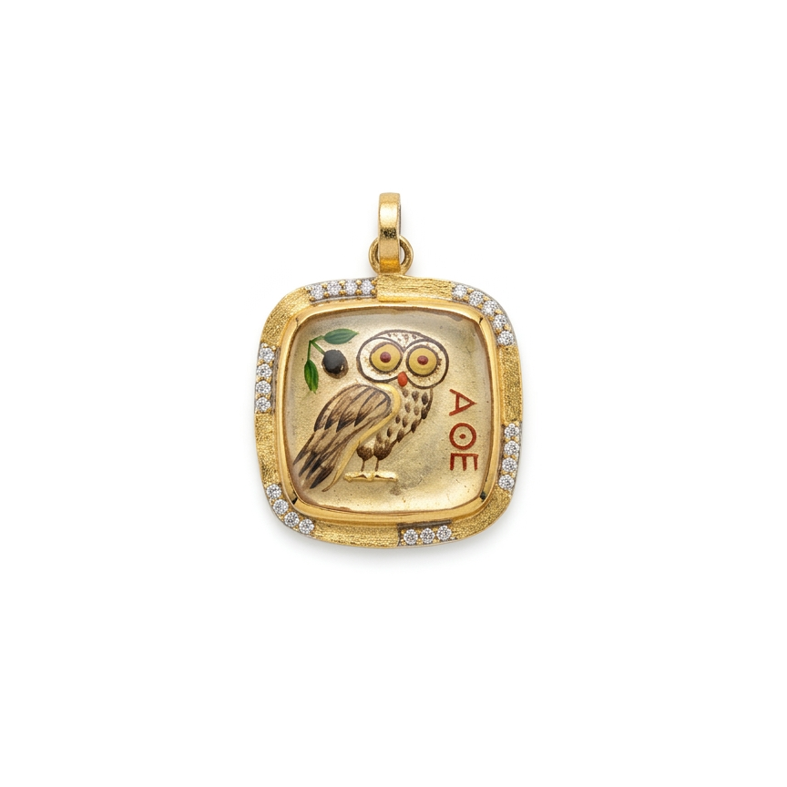 24K Yellow Gold Silver Diamond Mother of Pearl Athenas Owl Miniature Painting Charm