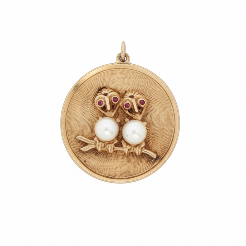 14k Yellow Gold Pearl Love Birds Charm
