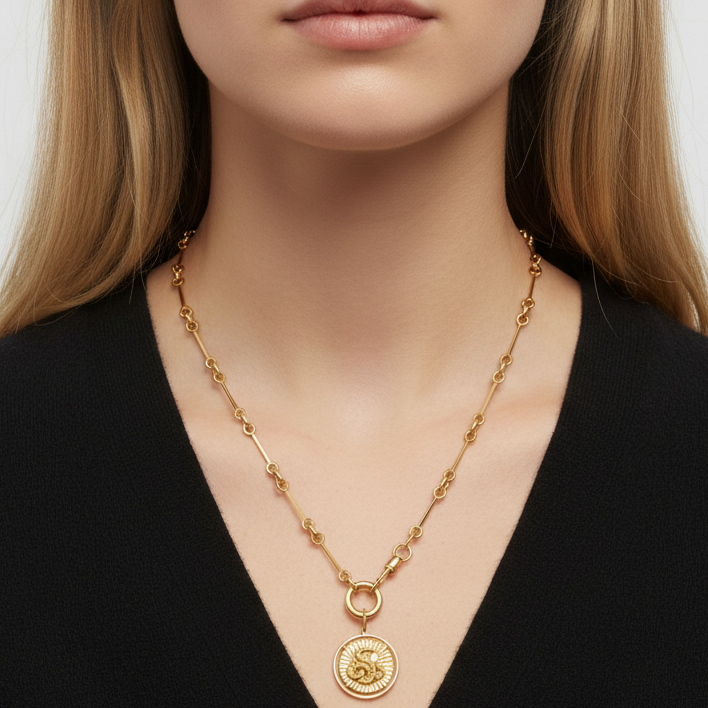 14k Yellow Gold Mixed Link Chain with Push in Circle and Dog Tag Clasp