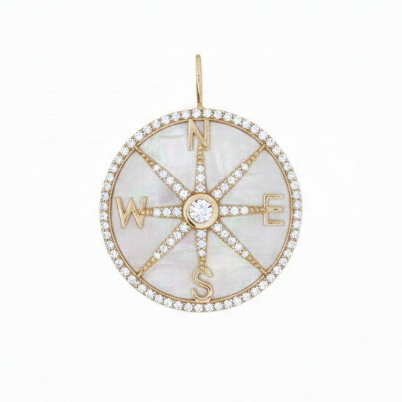 14k Yellow Gold Mother of Pearl Diamond Compass Charm