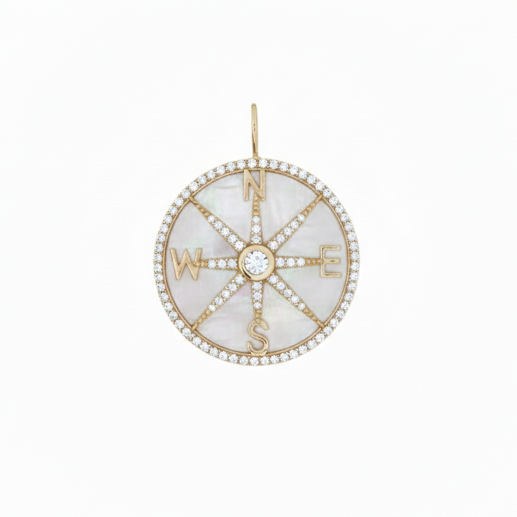14k Yellow Gold Mother of Pearl Diamond Compass Charm