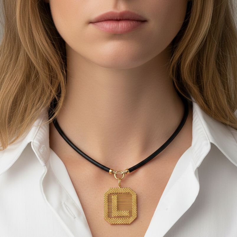 14k Yellow Gold Diamond Push In Circle Leather Cord