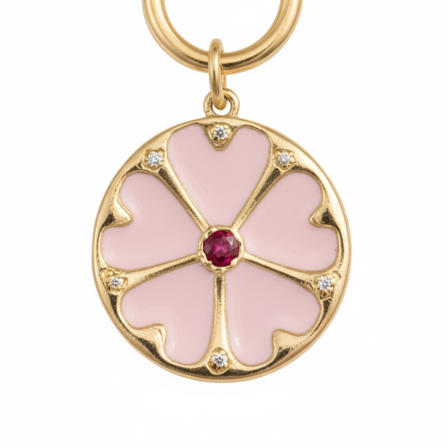14k Yellow Gold Ruby Diamond Flower Charm