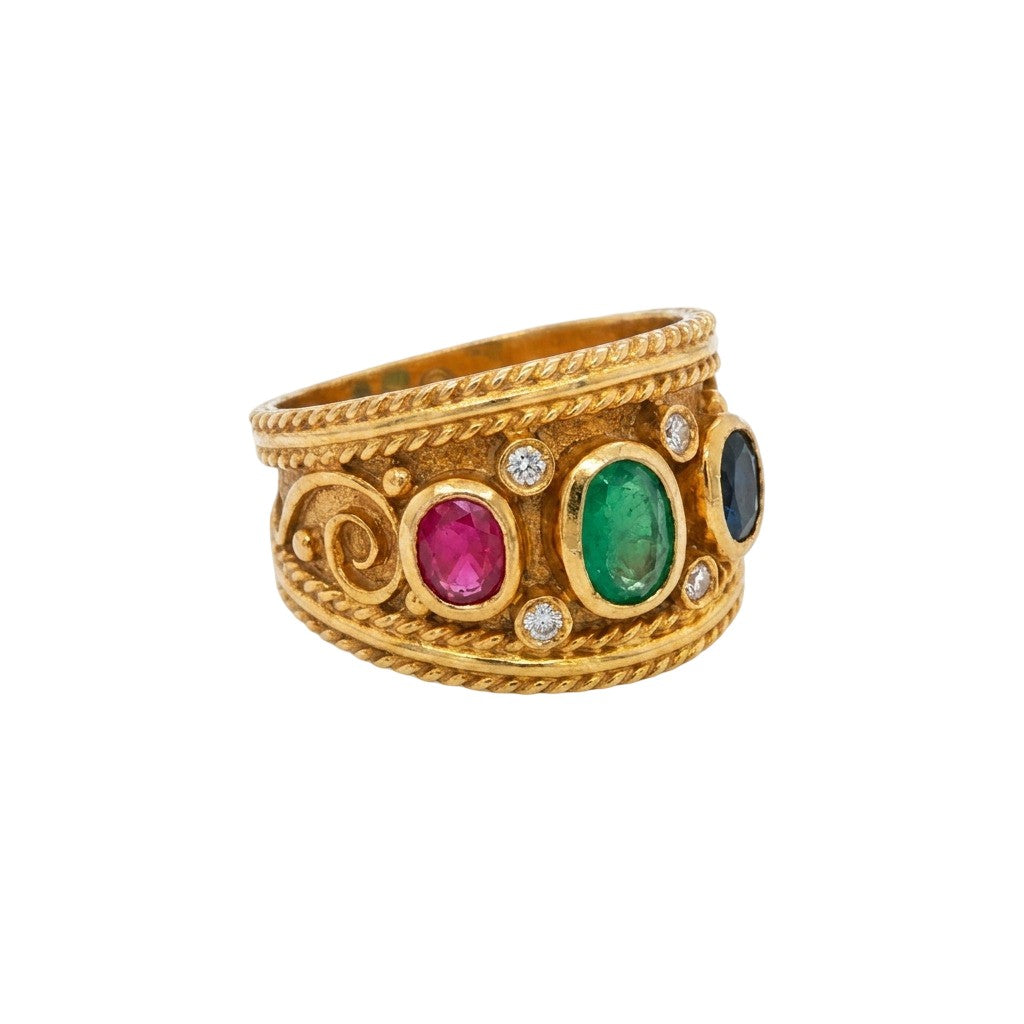 18k Yellow Gold Vintage Sapphire, Ruby, and Emerald Band Ring with Diamond Accents