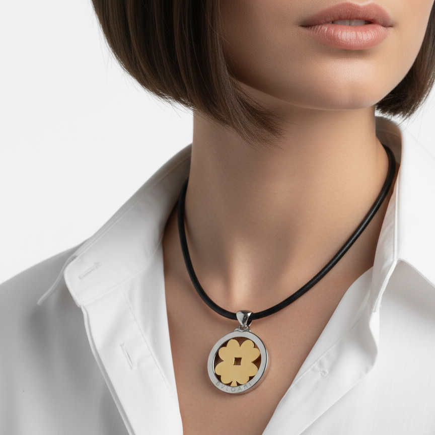 18k Yellow Gold and Stainless Steel Bvlgari Tondo Clover Pendant Necklace