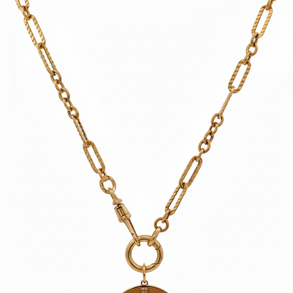14k Yellow Gold Textured Mixed Link Chain with Push-in Circle Clasp and Dog Tag Clasp
