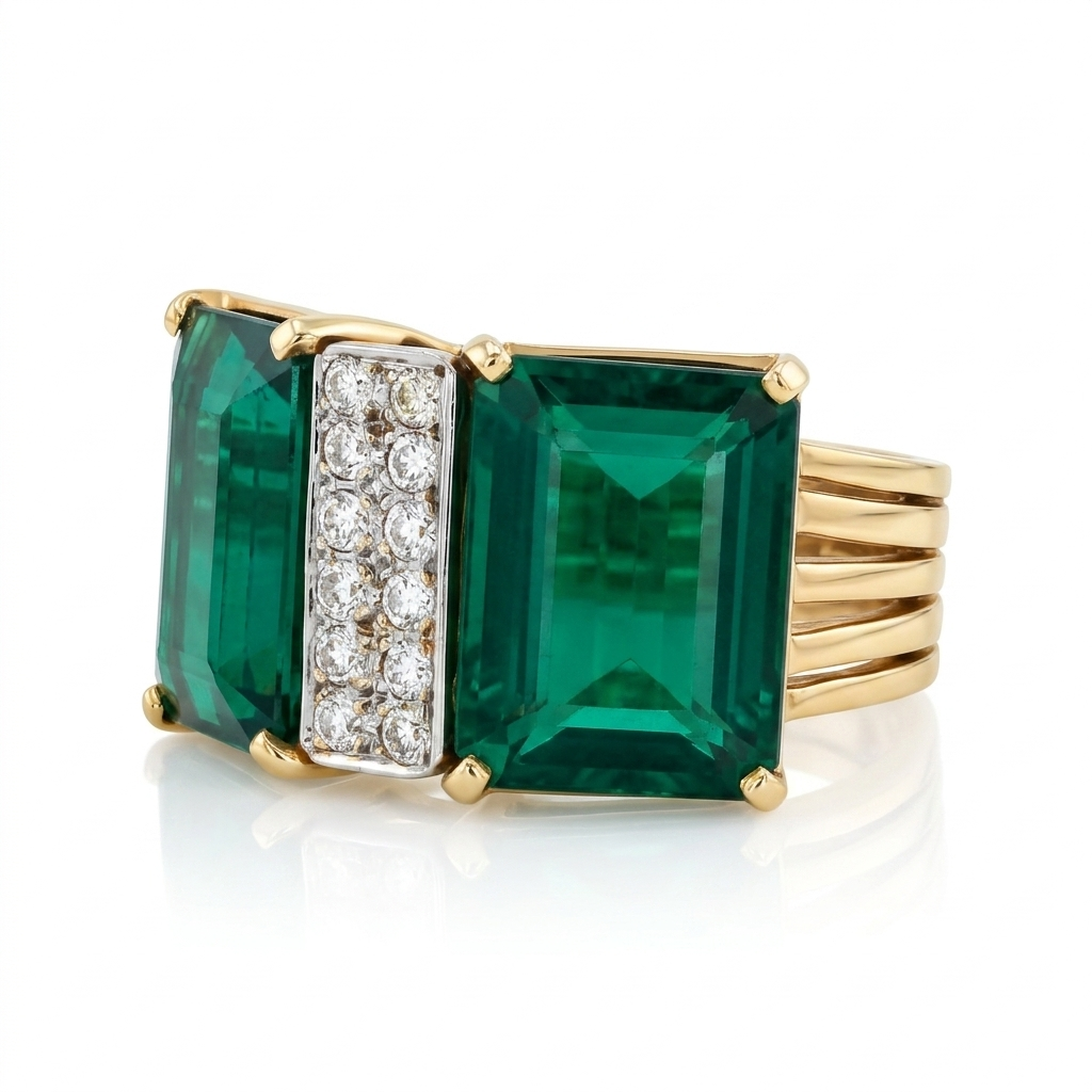 14k Yellow Gold Vintage Diamond Green Tourmaline Statement Ring