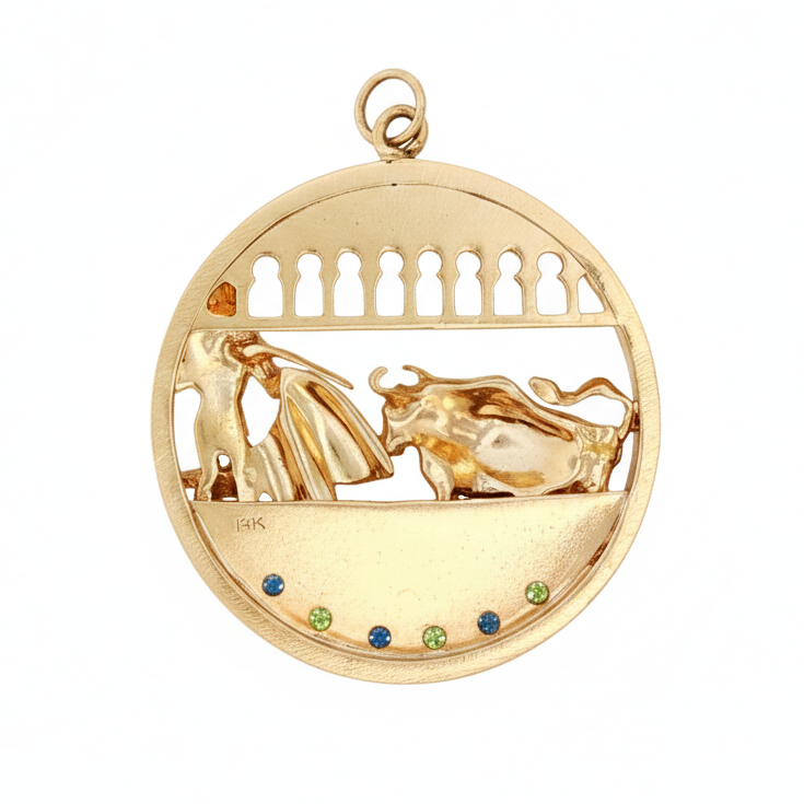 14k Yellow Gold Blue Topaz Green Tourmaline Matador Charm