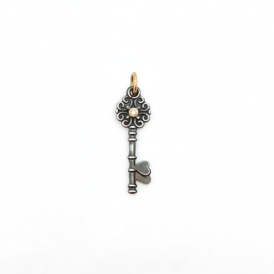 24k Yellow Gold Diamond Silver Key Charm Pendant