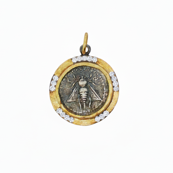 24k Yellow Gold Diamond SterlingSilver Ephesus Coin Charm